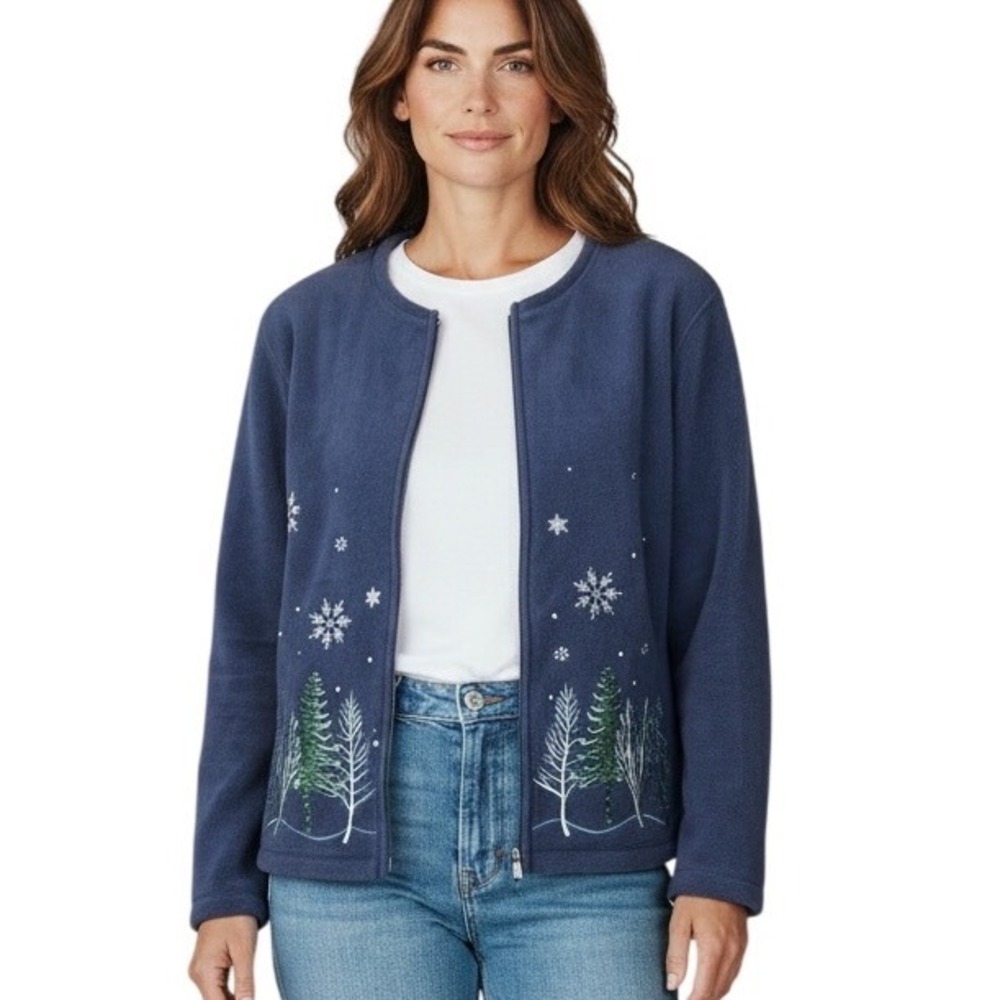 Croft & Barrow Women Navy Blue Fleece Winter Tree Snowflake Zip Up Jacket L Cozy